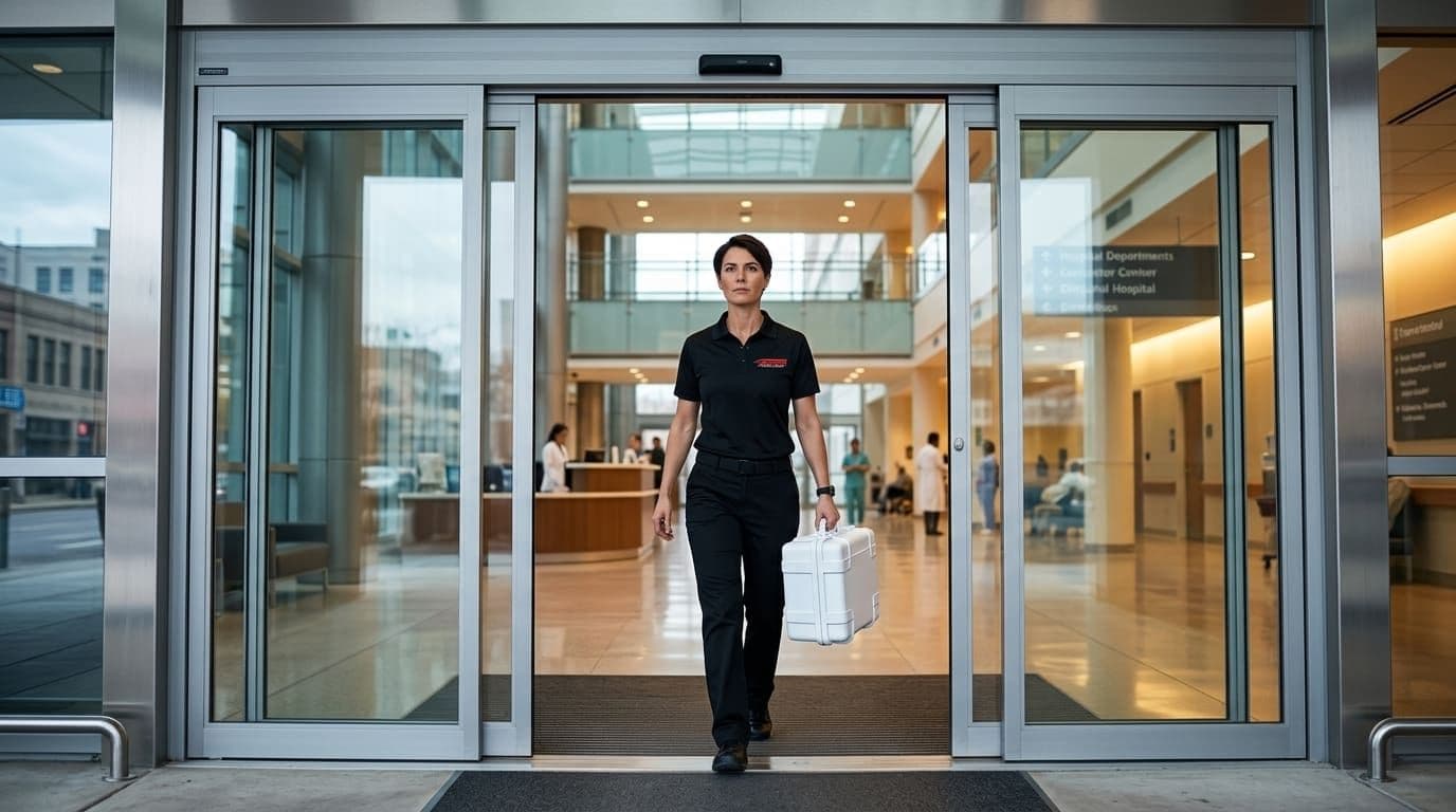 Redline courier entering hospital with medical delivery