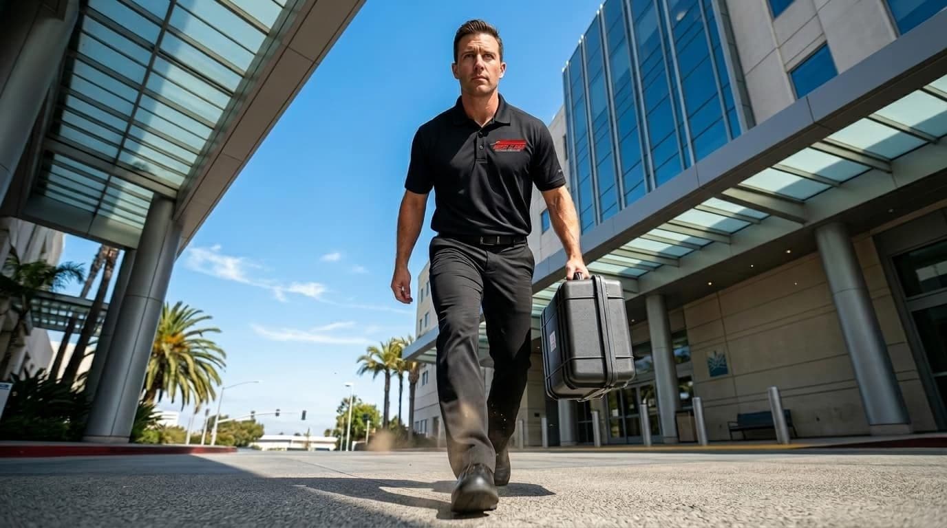 Redline courier walking forward with medical delivery