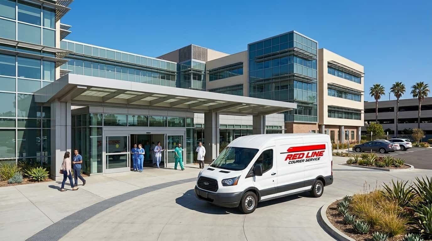 Redline Courier van at hospital entrance